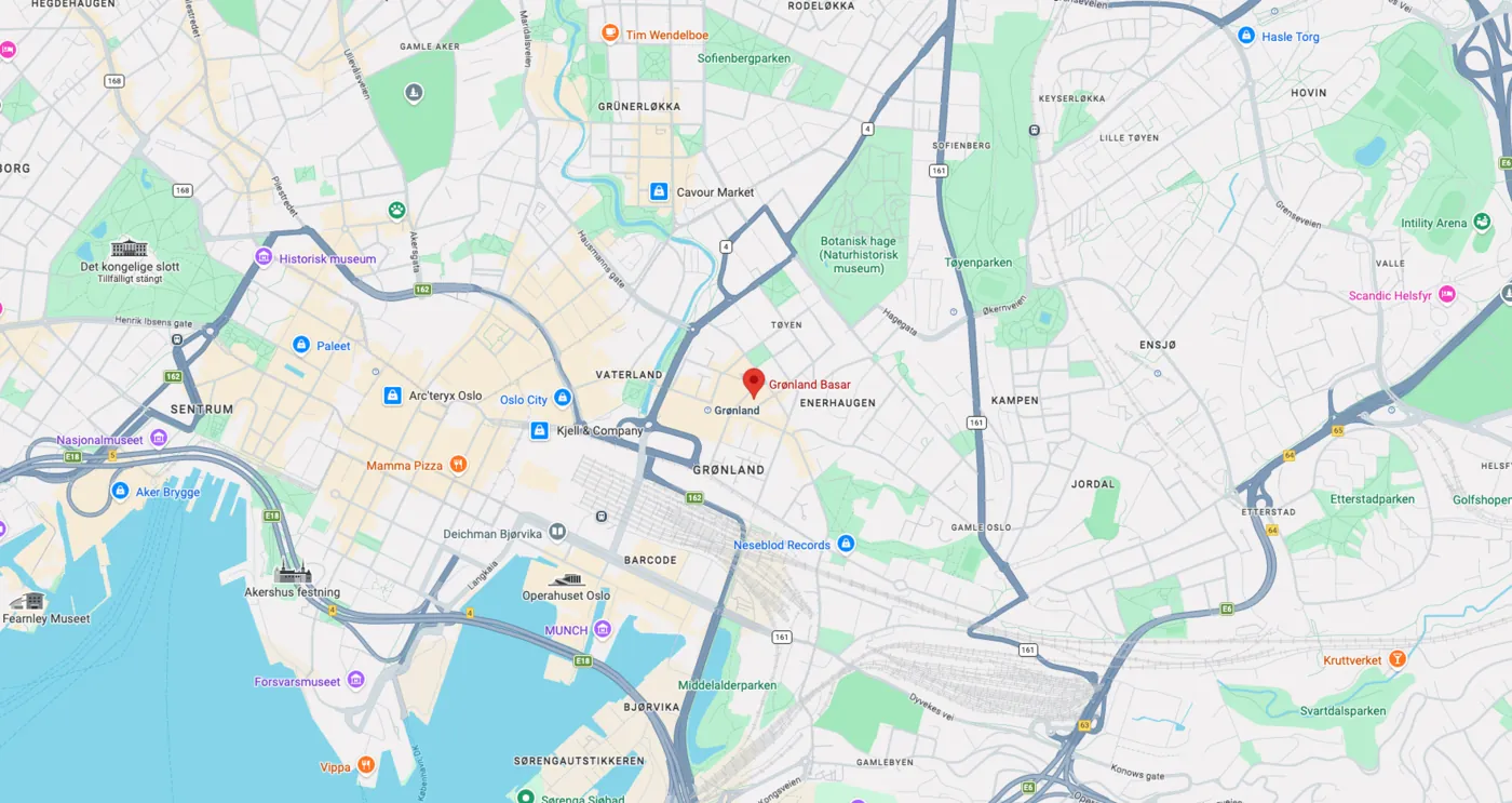 Kartutsnitt over Oslo sentrum og Tøyen med rød markering ved Arya Laser
